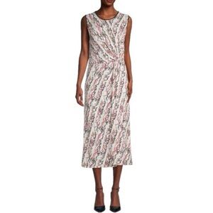 New DKNY Abstract Faux Wrap Sleeveless Midi Dress Slit Ivory Multi Color Size XL